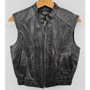 Vintage TOPAMERI Black Genuine Leather Mock Neck Zip Up Fall Vest Women's Size M